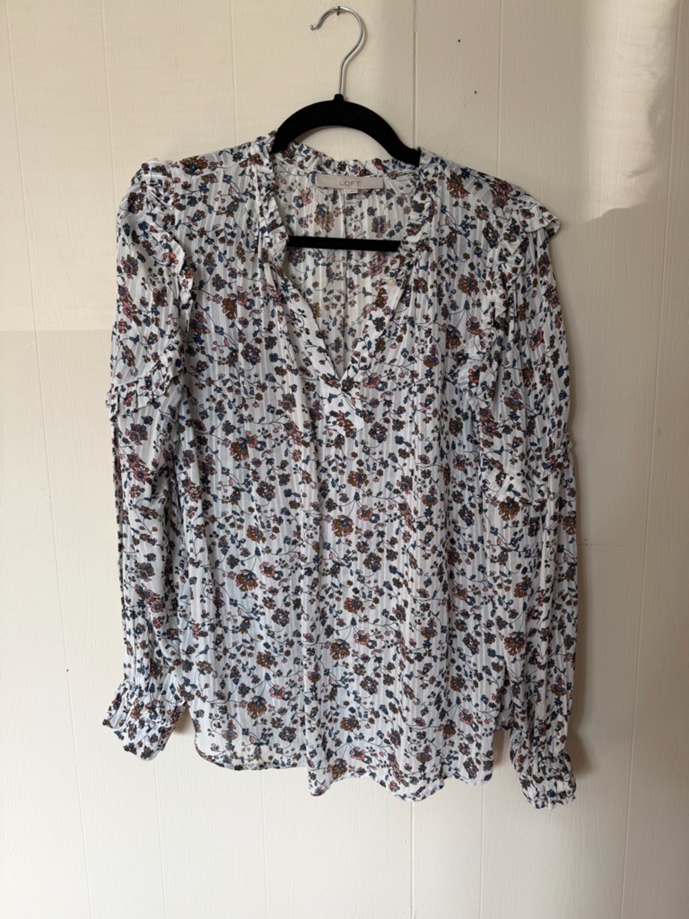 LOFT White Floral V-Neck Long Sleeve Blouse with Multicolor Print